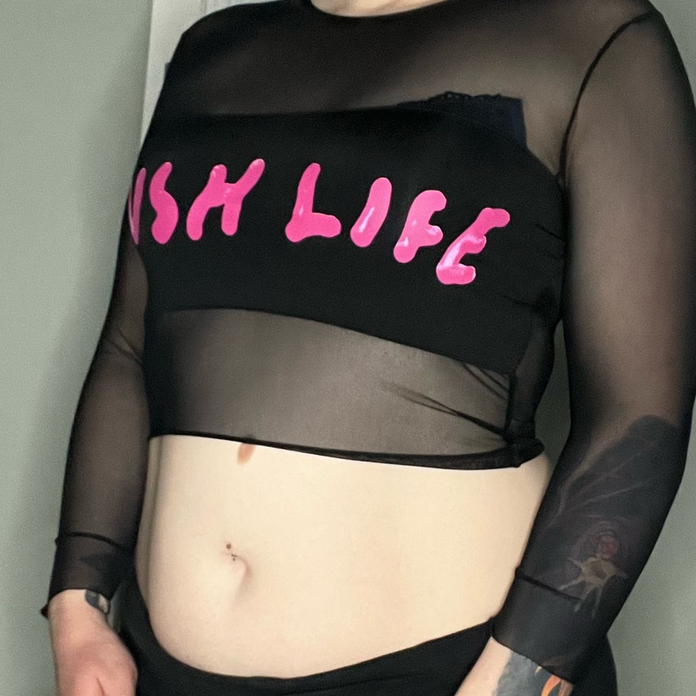 Lace crop top clubbing shirt with bubble letters saying ‘Lush Life’ size medium